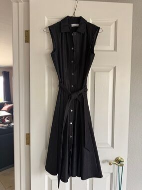 Calvin Klein Black Sleeveless Button-Front Midi Dress with Tie Belt